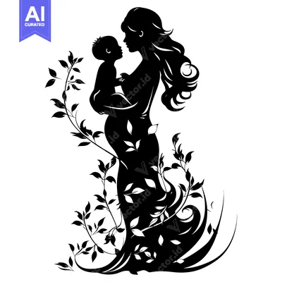 Silhouette of a Mother Holding Her Child, Surrounded by Floral Vines