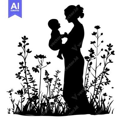 Popular premium asset: Silhouette of a Mother Holding Her Baby in a Field of Flowers