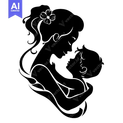 Aset desain premium: Silhouette of a mother cradling her baby, with a flower in her hair.
