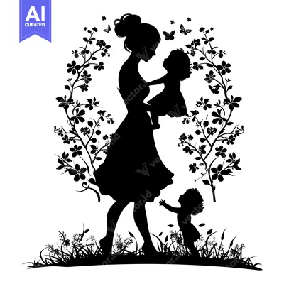 Aset desain premium: Silhouette of a mother holding a child with another child standing in