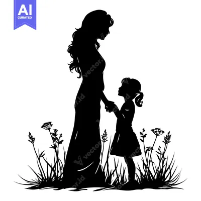 Premium design asset: Silhouette of a mother and daughter holding hands in a field of tall g