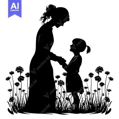 Premium design asset: Silhouette of a Mother and Daughter in a Field of Flowers