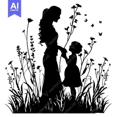 Aset premium populer: Silhouette of a Mother and Daughter in a Field of Flowers and Butterfl