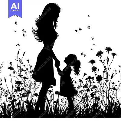 Popular premium asset: Black Silhouette of Mother and Daughter in a Field of Flowers with But