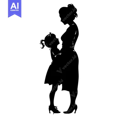 Aset desain premium: Silhouette of a Mother and Daughter Standing Side by Side