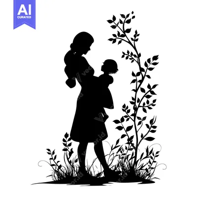 Aset premium populer: Silhouette of a mother holding her child in a field of grass and flowe