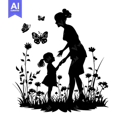 Aset premium populer: Silhouette of a mother and daughter in a field of flowers and butterfl