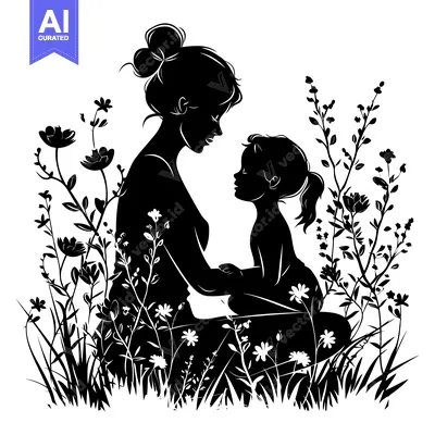 Aset premium populer: Silhouette of a Mother and Daughter in a Field of Flowers