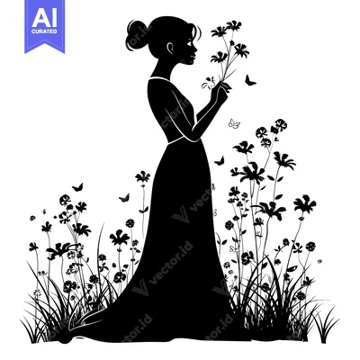 Aset desain premium: Silhouette of a Woman in a Dress Surrounded by Flowers and Butterflies