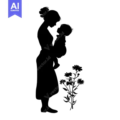 Popular premium asset: Silhouette of a Mother Holding a Baby with Flowers