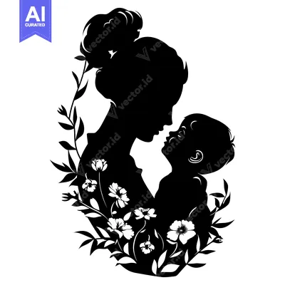 Aset desain premium: Silhouette of a Mother and Child Surrounded by Flowers and Leaves