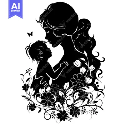 Premium design asset: Black and White Silhouette of Mother and Child with Flowers