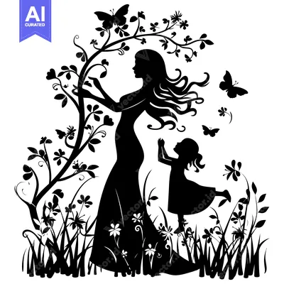 Premium design asset: Silhouette of a Mother and Daughter with Butterflies in a Garden