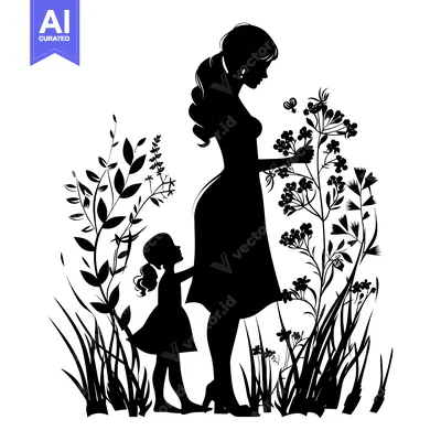 Aset premium populer: Silhouette of a Mother and Daughter in a Garden