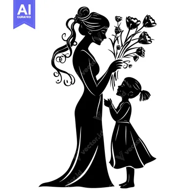 Premium design asset: Silhouette of a mother and daughter with flowers