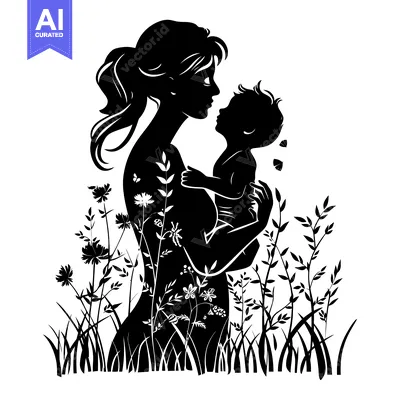 Aset premium populer: Silhouette of a Mother Holding her Baby in a Field of Flowers