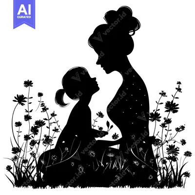Aset premium populer: Silhouette of a Mother and Daughter with Flowers