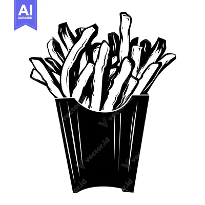 Aset premium populer: Black and White Illustration of French Fries in a Paper Container