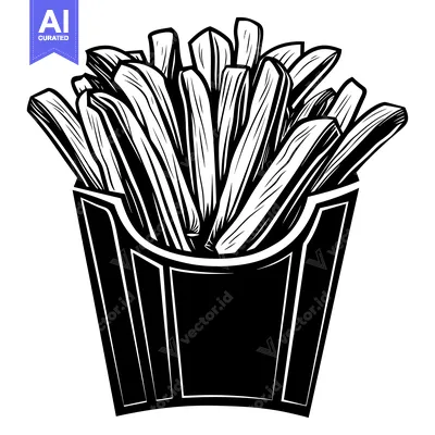 Premium design asset: Black and White Illustration of French Fries in a Paper Container