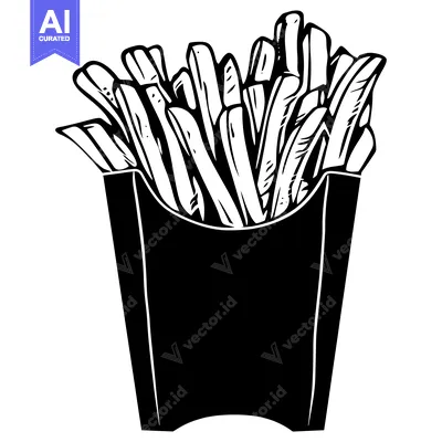 Aset desain premium: Black and White Illustration of French Fries in a Paper Container