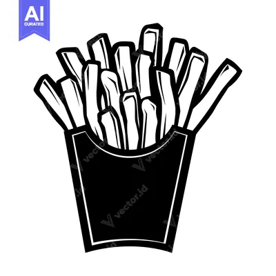 A Black and White Illustration of French Fries in a Paper Box