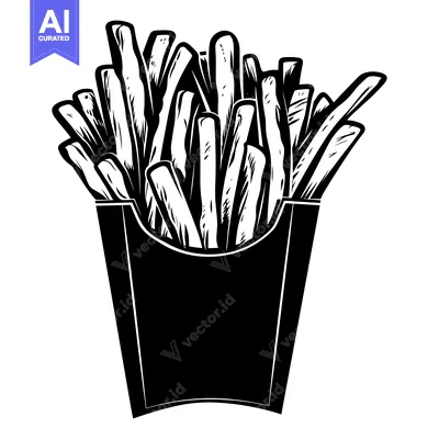 Aset premium populer: Black and White Illustration of French Fries in a Paper Container