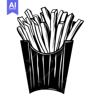 Aset desain premium: Black and White Illustration of French Fries in a Paper Container