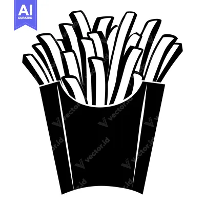 Aset desain premium: Black and White Illustration of French Fries in a Paper Container