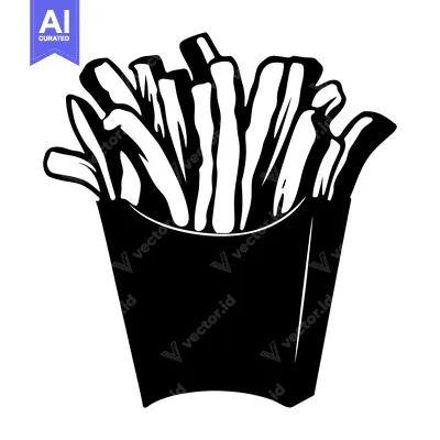 Aset premium populer: Black and White Illustration of French Fries in a Paper Container