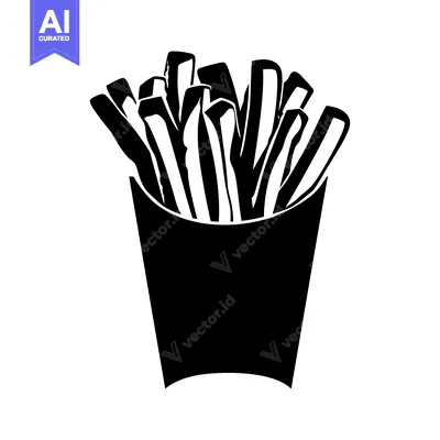 Aset desain premium: Black and White Silhouette of French Fries in a Paper Container