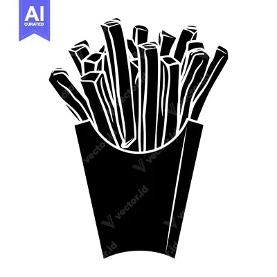 Aset desain premium: Black and White Silhouette of French Fries in a Paper Cup