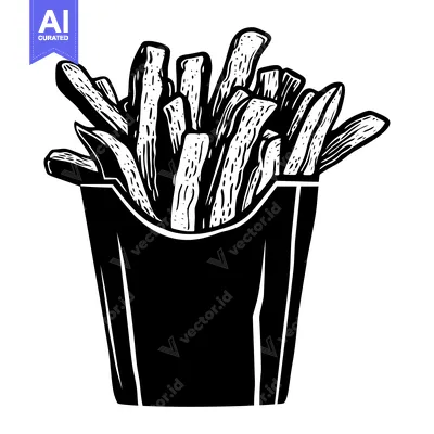 Aset premium populer: Black and White Illustration of French Fries in a Paper Container