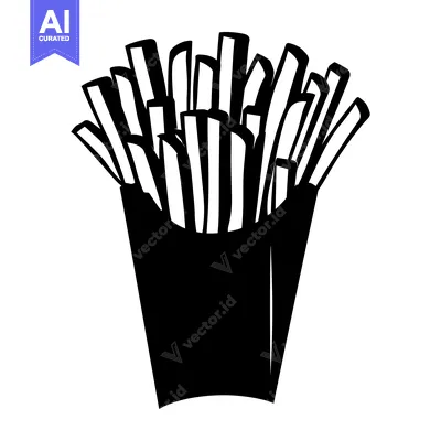 Aset desain premium: Black and White Silhouette of French Fries in a Paper Container