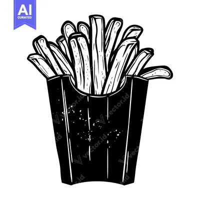 Premium design asset: Black and White Illustration of French Fries in a Paper Container