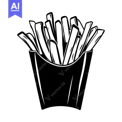 Premium design asset: Black and White Illustration of French Fries in a Paper Container