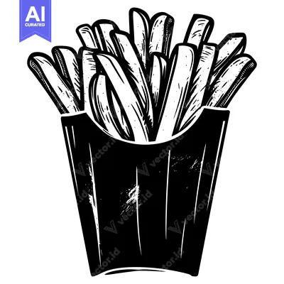 Aset premium populer: Black and White Illustration of French Fries in a Paper Container