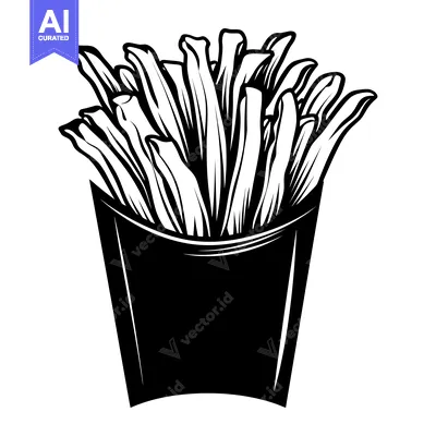 Aset desain premium: Black and White Illustration of French Fries in a Paper Container