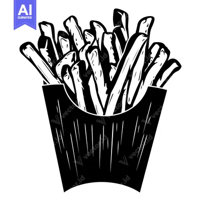 Black and White Illustration of French Fries in a Paper Container