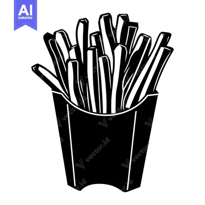 A Black and White Silhouette of French Fries in a Paper Container