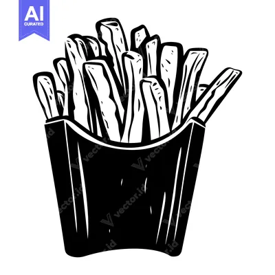 Black and White Illustration of French Fries in a Paper Container