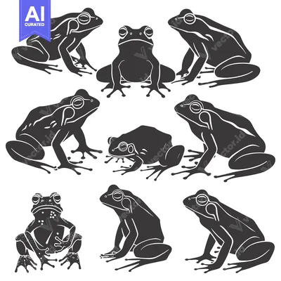 Aset desain premium: Eight Black Silhouettes of Frogs in Various Poses