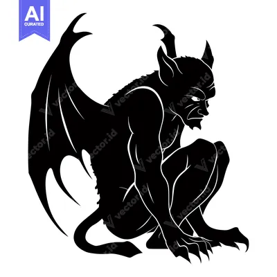 Aset desain premium: Black and White Silhouette of a Sitting Gargoyle with Wings