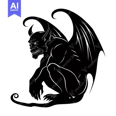 Aset premium populer: Black and white silhouette of a gargoyle with wings