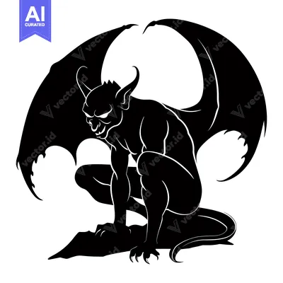 Aset premium populer: A Black and White Silhouette of a Sitting Demon with Wings
