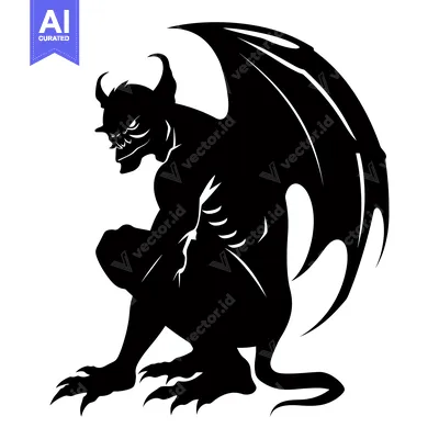 Aset desain premium: Black and White Silhouette of a Demon with Wings