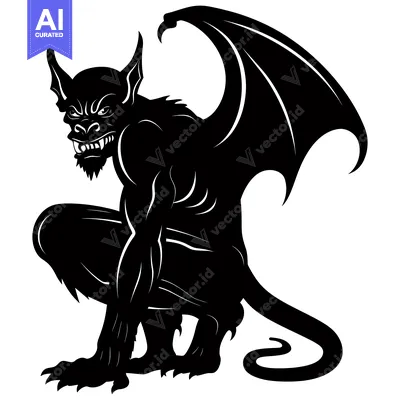 Silhouette of a Winged, Crouching, Fanged Demon