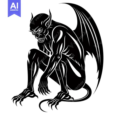 Aset premium populer: Black and White Illustration of a Crouching Demon with Claws and Wings