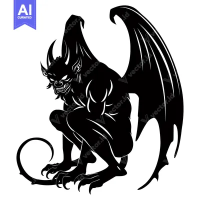 Premium design asset: A menacing, black silhouette of a gargoyle with wings and a curled tai