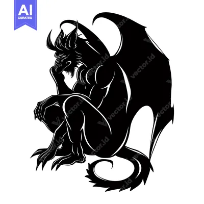 Premium design asset: Black and White Silhouette of a Sitting Dragon with Wings