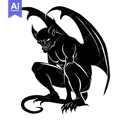 Premium design asset: Black and white silhouette of a gargoyle with wings crouched down